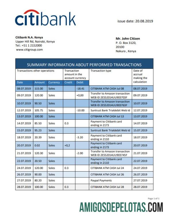 Exemplo de extrato bancário do Quênia Citibank